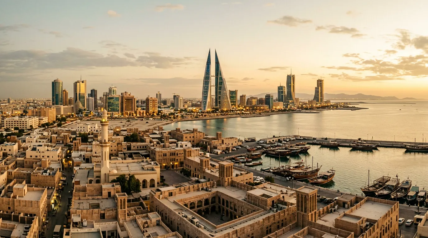 Панорама Манамы с современными небоскрёбами и традиционной архитектурой на фоне Персидского залива