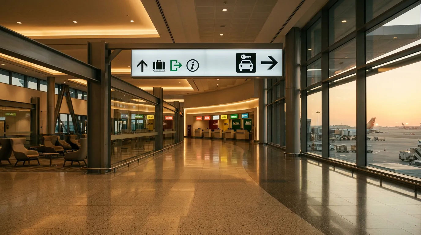Аэропорт Бахрейна, зона прибытия с указателями к стойкам проката автомобилей