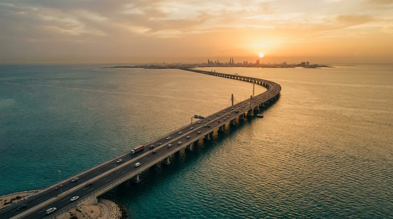 Мост Короля Фахда, вид с высоты -- дорога уходящая через Персидский залив к горизонту