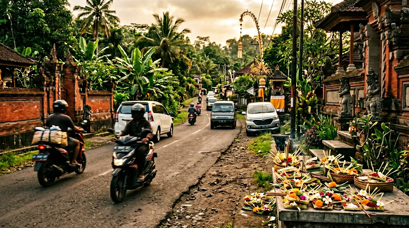 Типичная балийская дорога: скутеры, автомобили, церемониальные подношения на обочине