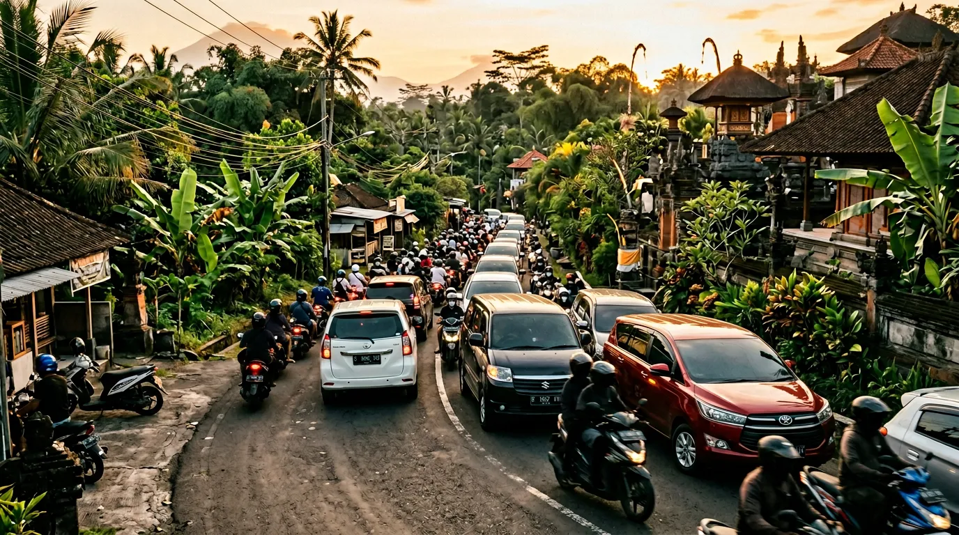 Балийская дорога в час пик: поток скутеров обтекает несколько автомобилей, тропическая зелень вдоль обочин
