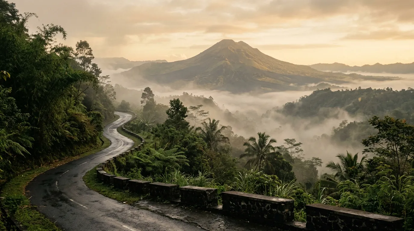 Горная дорога на Бали в тумане, вид на вулкан Батур вдали