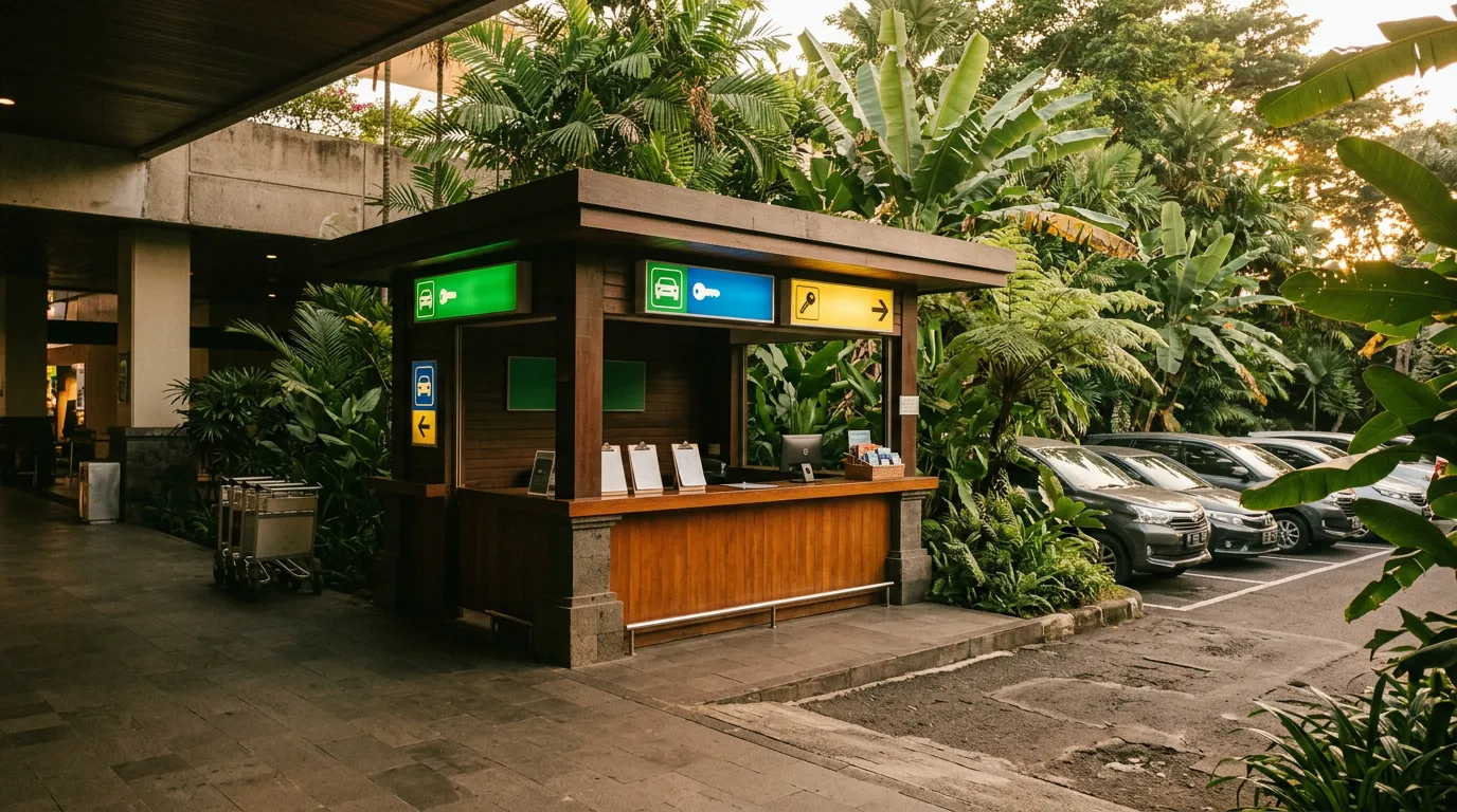 Стойка проката автомобилей в аэропорту Бали, яркие вывески на фоне тропической зелени