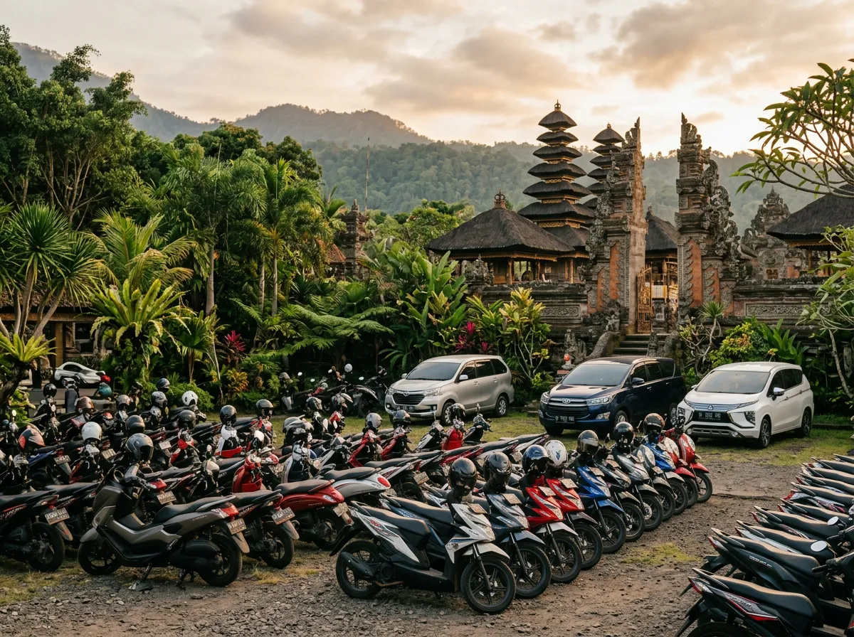Парковка у балийского храма, ряды скутеров и несколько автомобилей среди тропической зелени