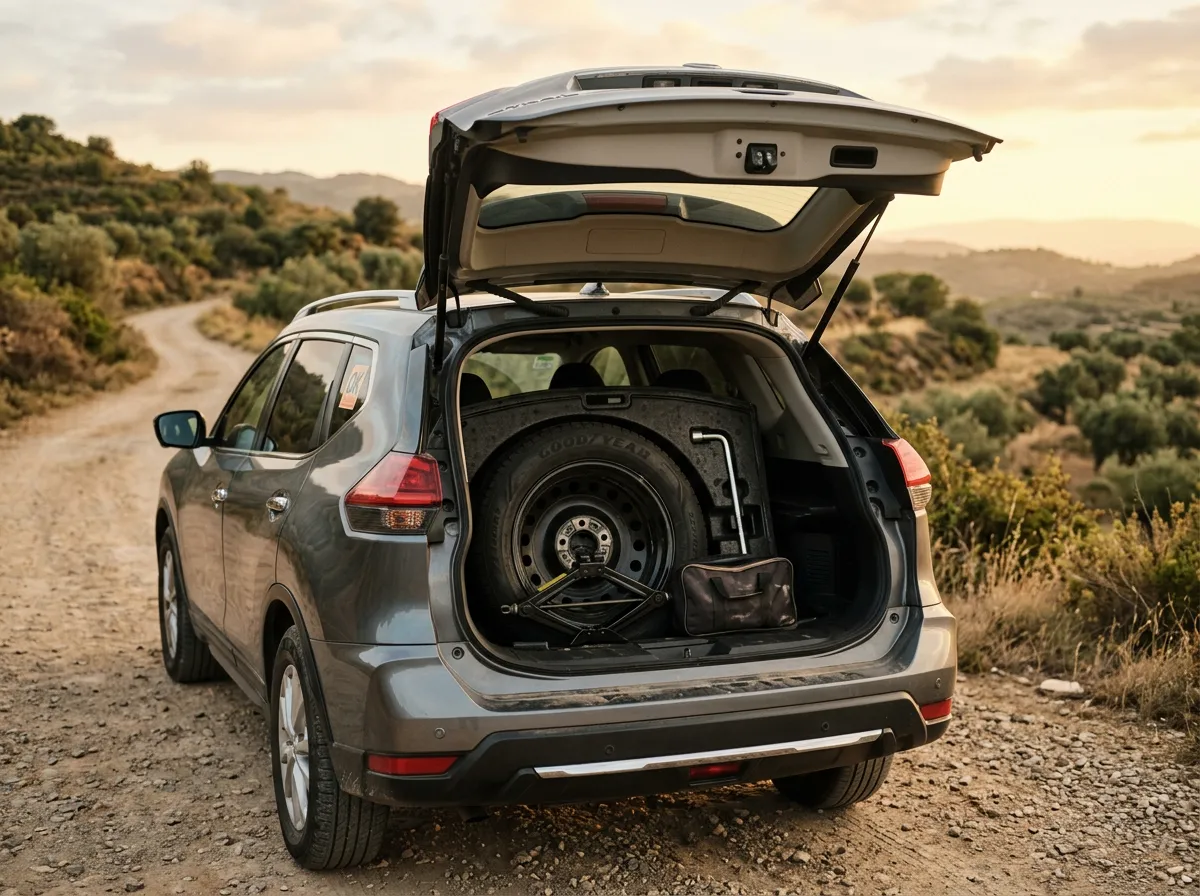 Проверка запасного колеса и инструментов в багажнике арендованного авто