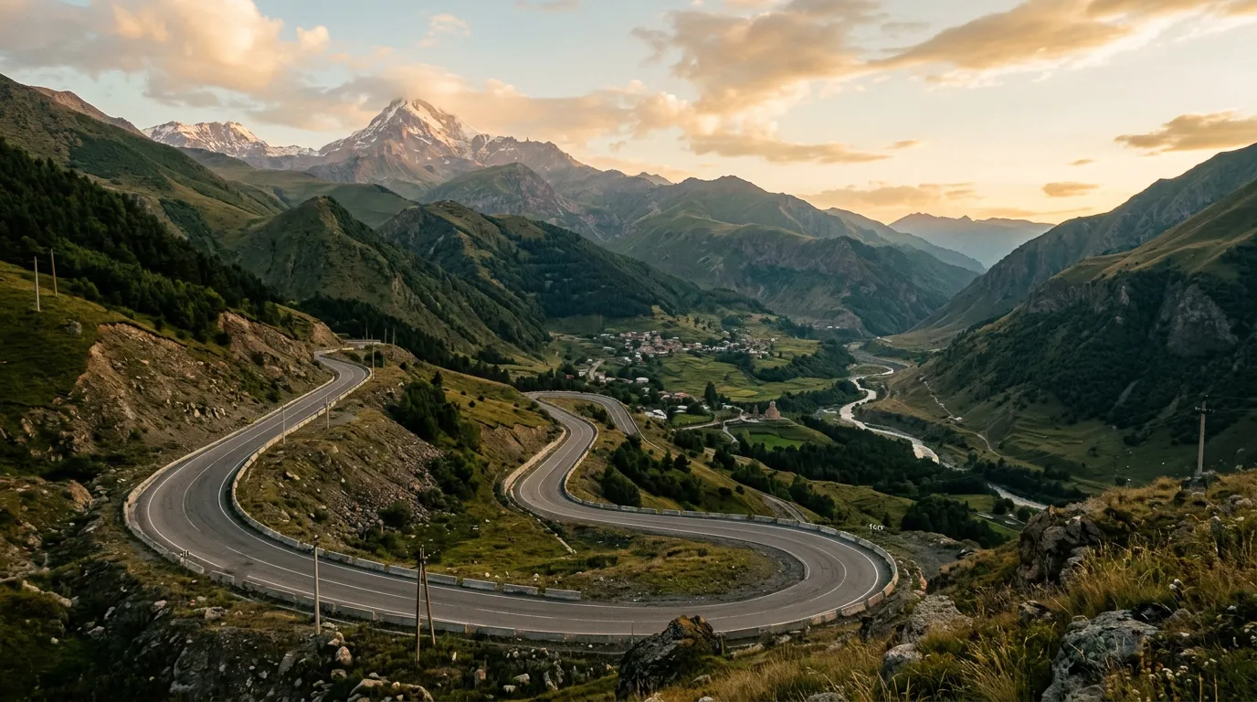 Горный серпантин в Грузии с видом на долину