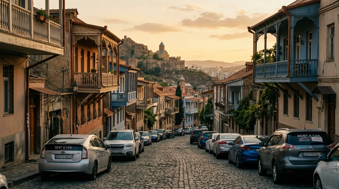 Улица Тбилиси с припаркованными машинами для аренды