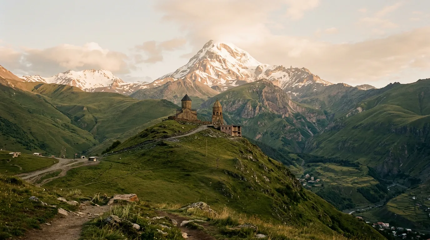 Вид на Казбек и Гергетскую Троицу