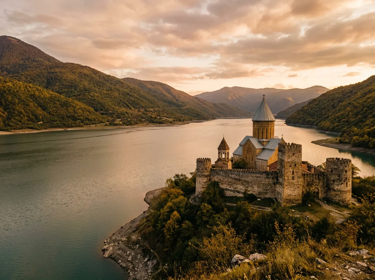 Крепость Ананури на берегу Жинвальского водохранилища