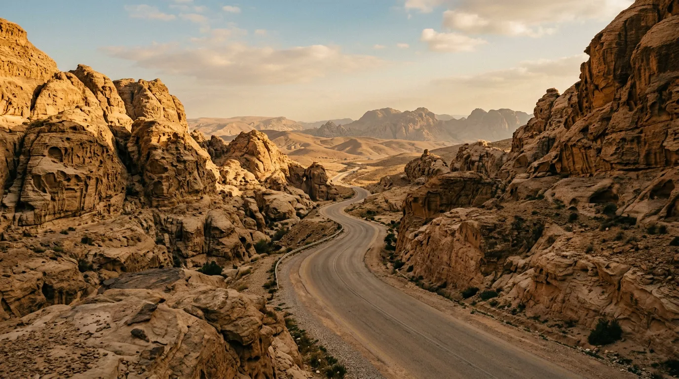 Вид на пустынную дорогу в Иордании, ведущую через скалистый каньон к горизонту
