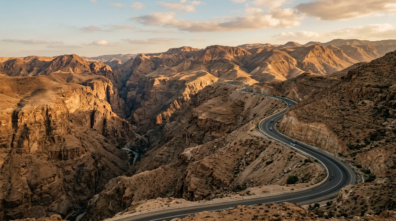 Извилистая дорога King's Highway через горную местность Иордании, вид на каньон