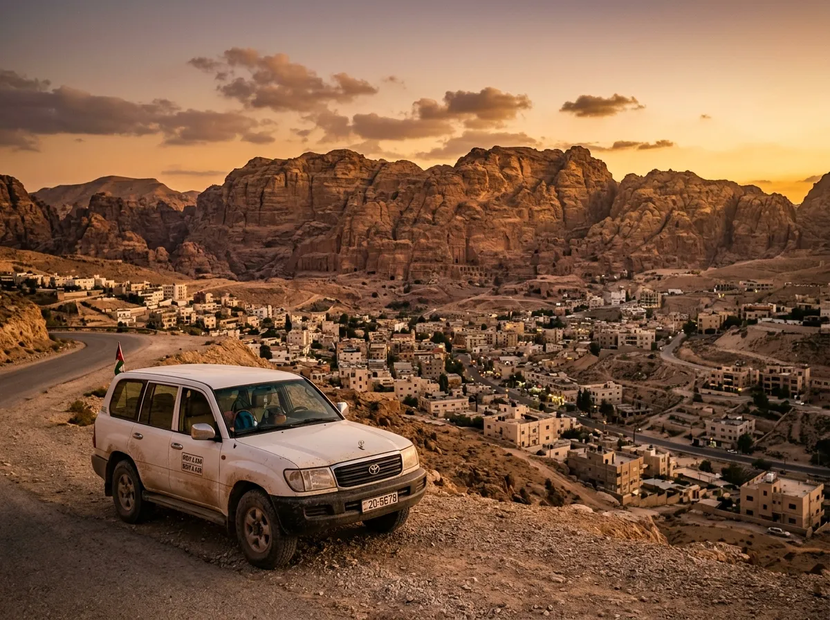Вид на город Вади Муса на фоне скалистых гор, закат, арендованный автомобиль на переднем плане