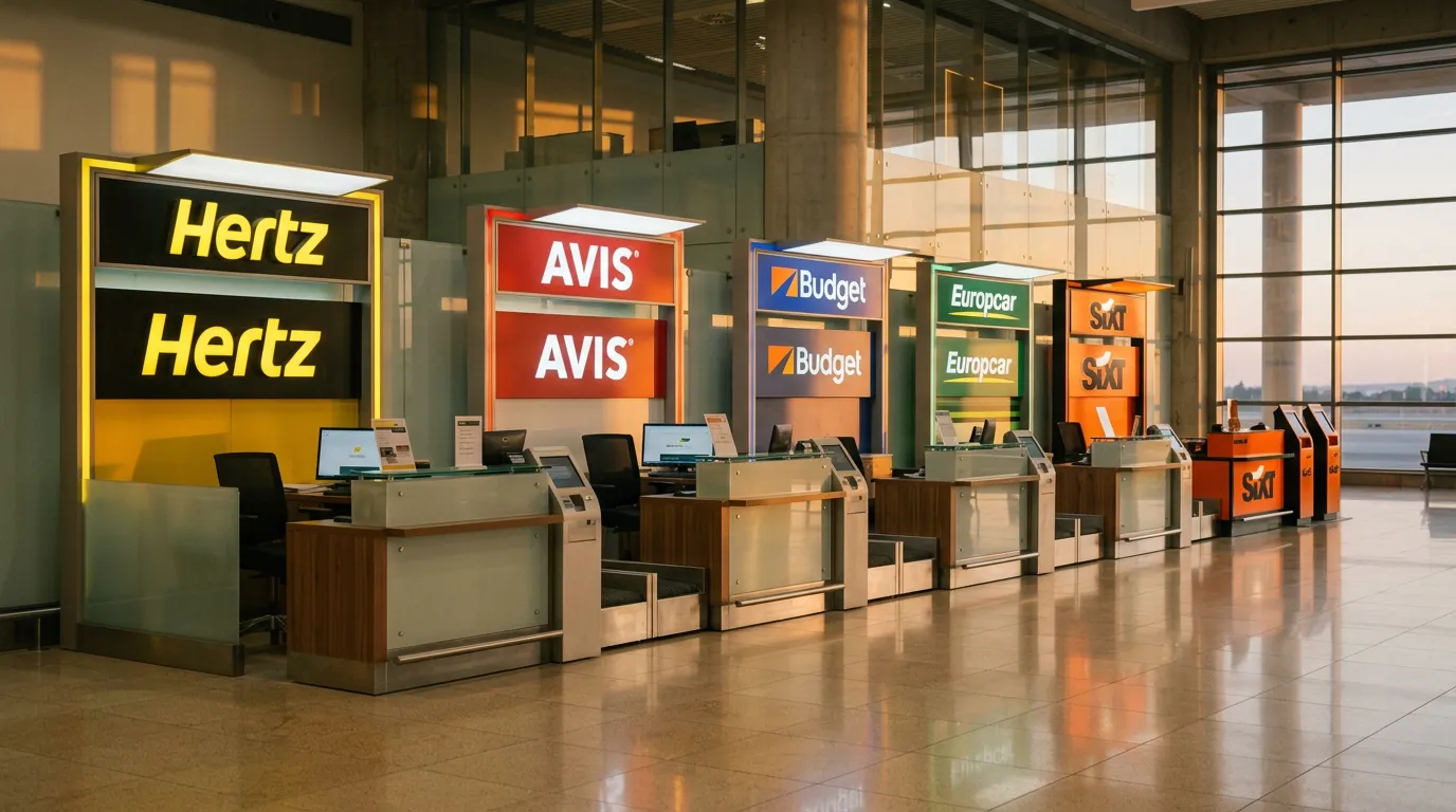Стойки проката автомобилей в аэропорту Аммана, яркие вывески международных компаний