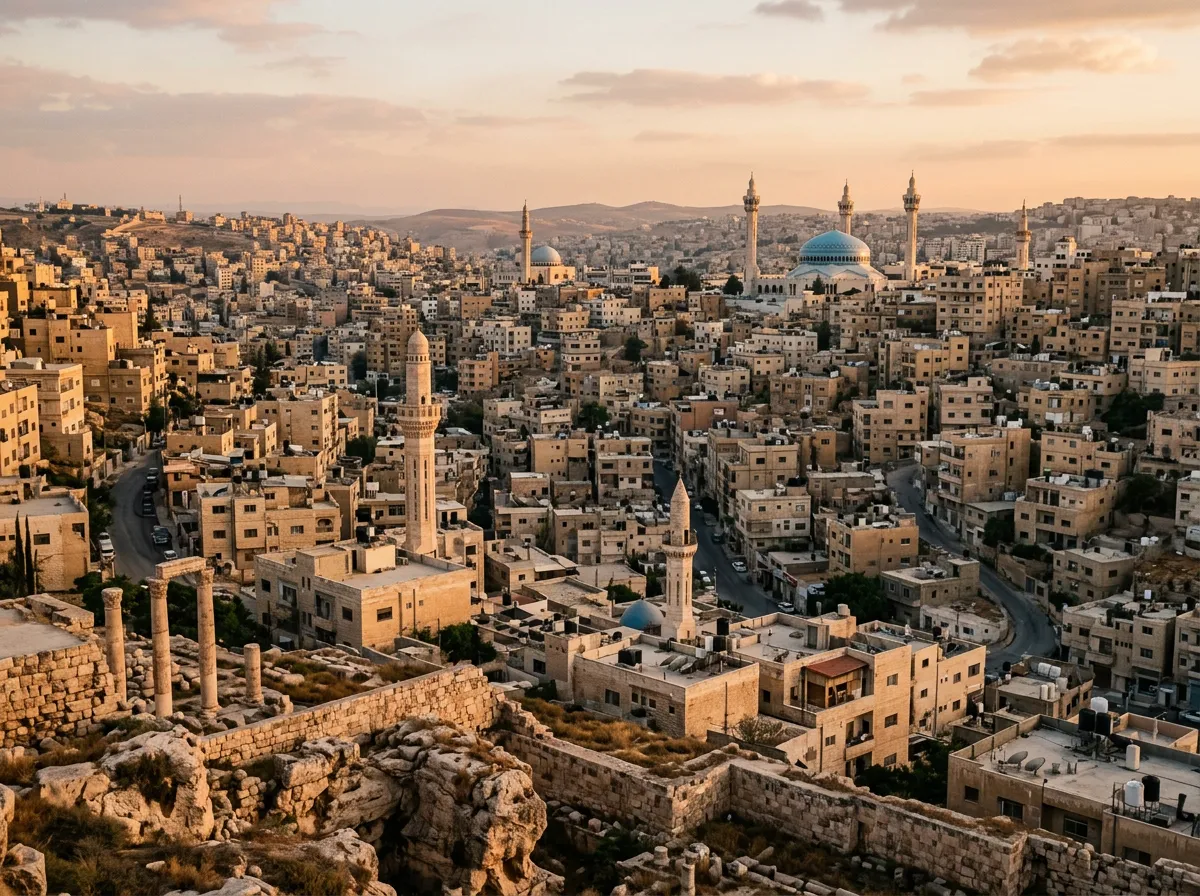 Вид на город Амман с холма, крыши домов из песчаника и минареты