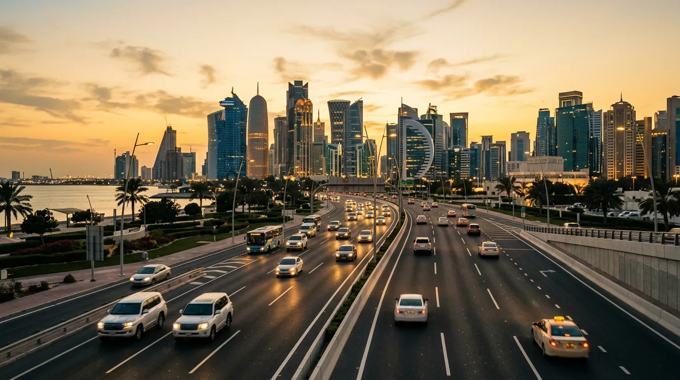 Современное шоссе в Дохе, небоскрёбы на горизонте, идеальный асфальт