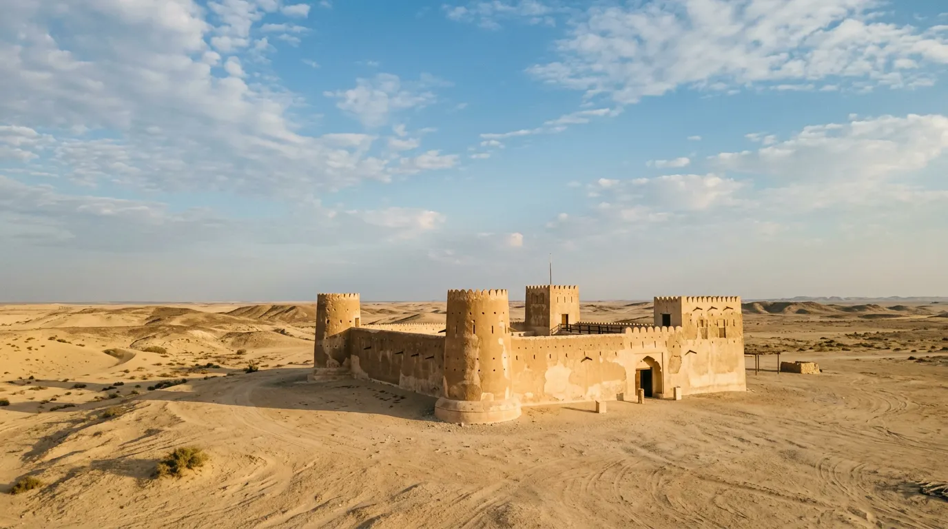 Форт Аль-Зубара в пустыне, песчаные стены на фоне синего неба