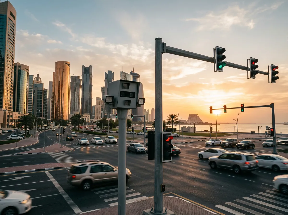 Современный перекрёсток в Дохе, камера контроля скорости, светофор