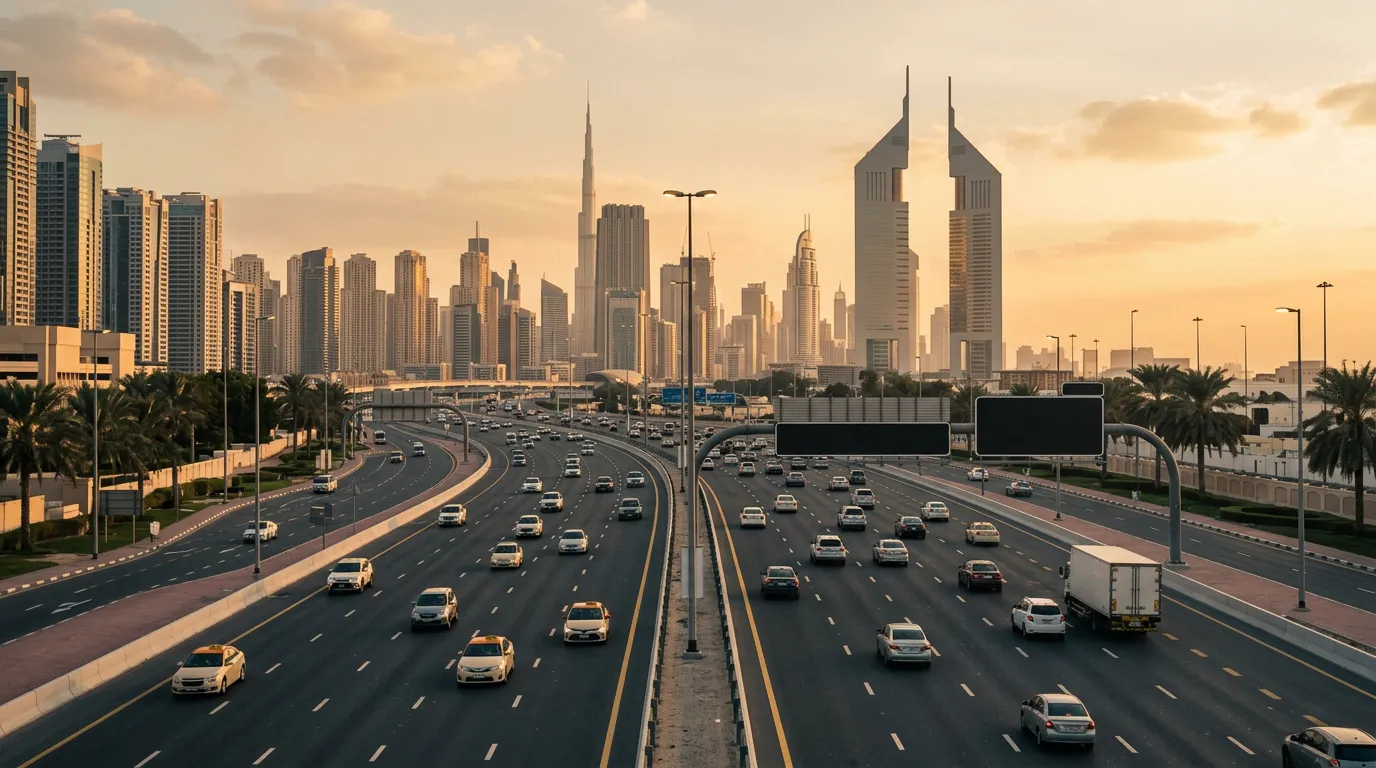 Многополосное шоссе в Дубае, небоскрёбы на горизонте, чистый асфальт