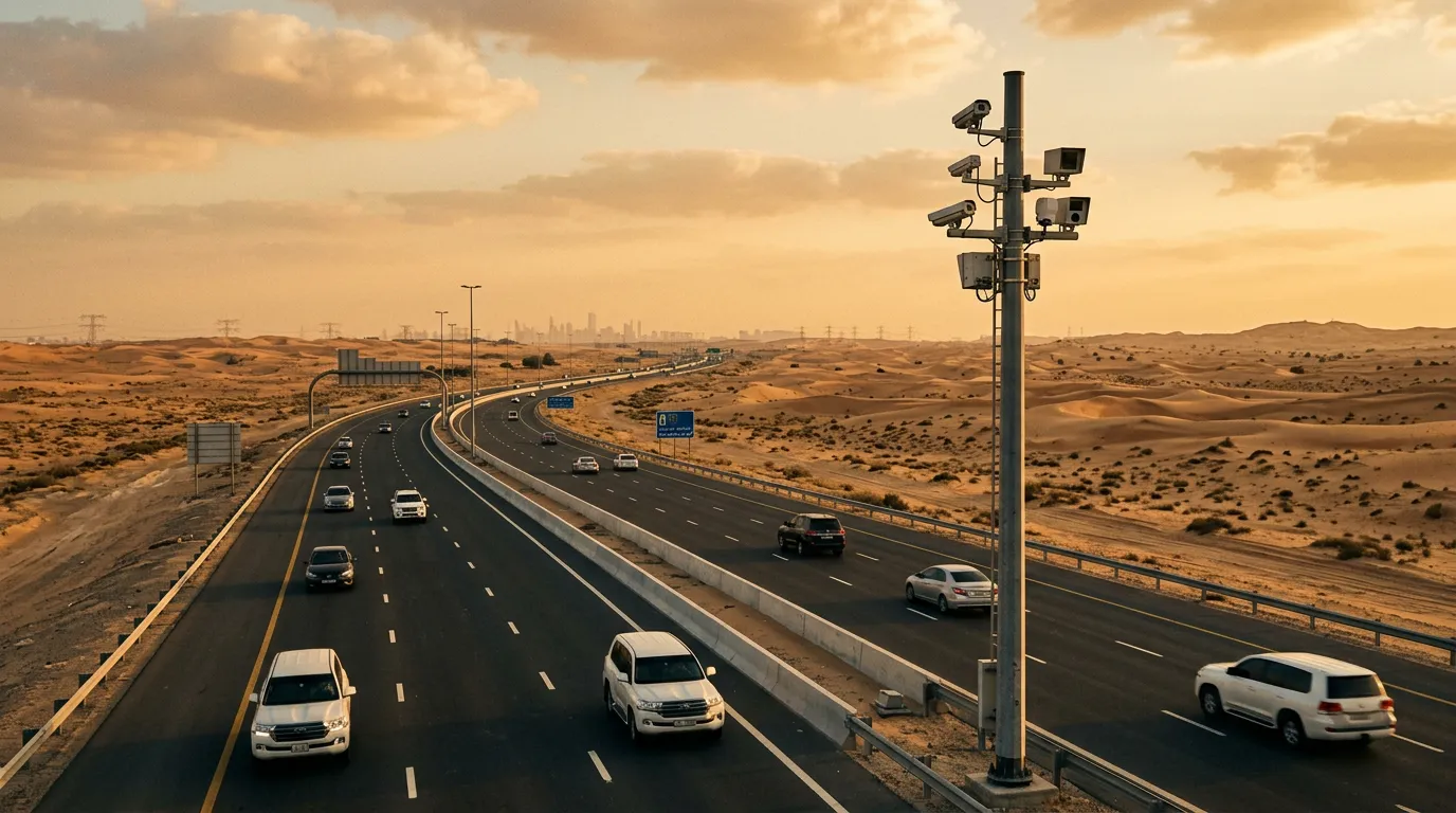 Скоростное шоссе в Абу-Даби, дорожная камера на мачте, пустынный пейзаж