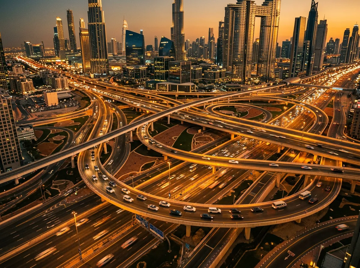 Многополосная развязка в Дубае, вечернее освещение, поток автомобилей
