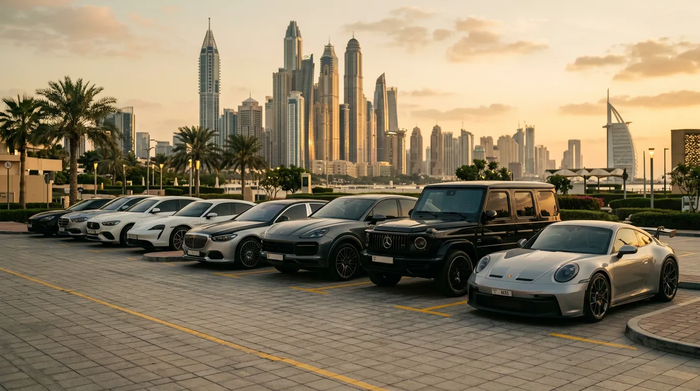 Ряд люксовых автомобилей на парковке в Дубае, Porsche и Mercedes