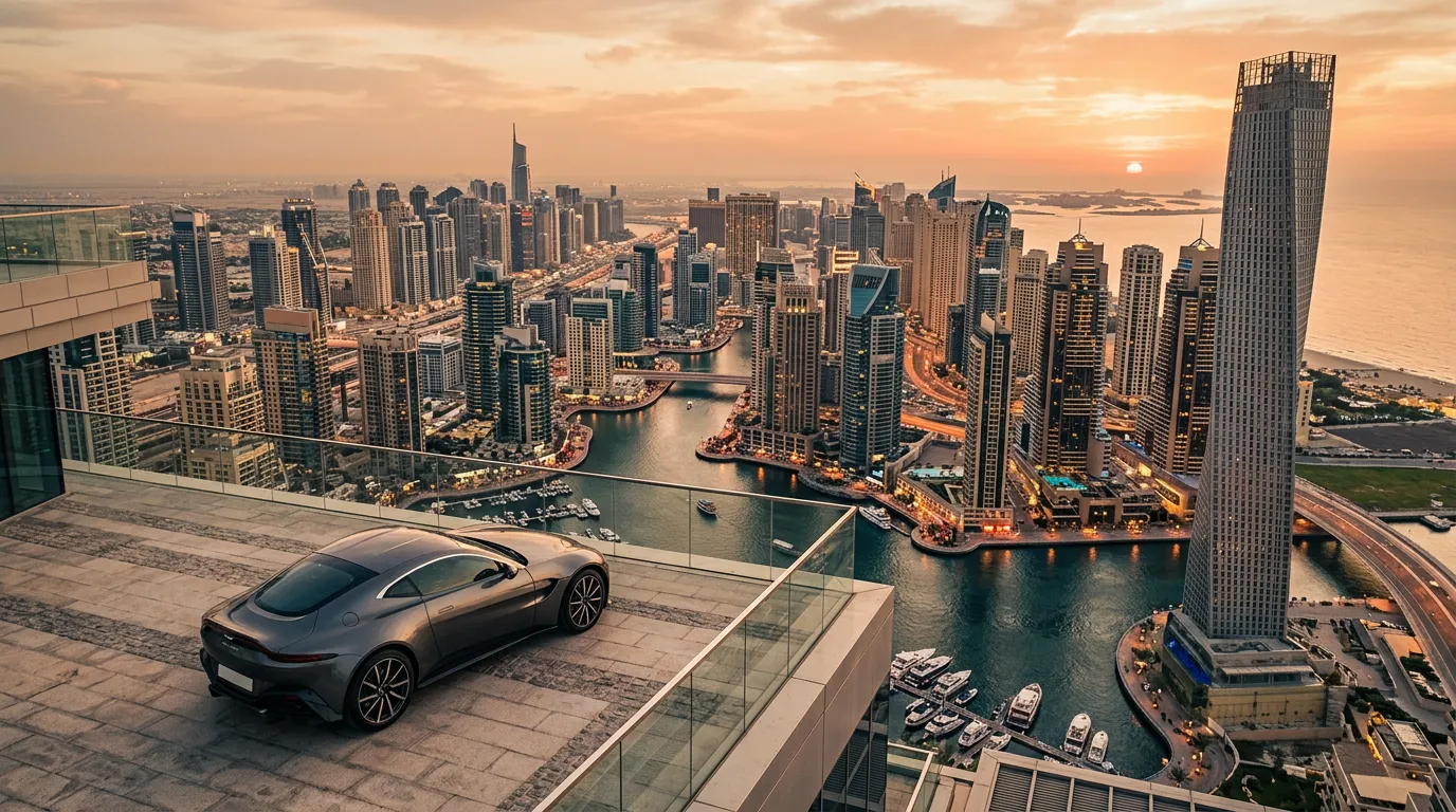 Панорама Дубай-Марина с высоты, на переднем плане спортивный автомобиль