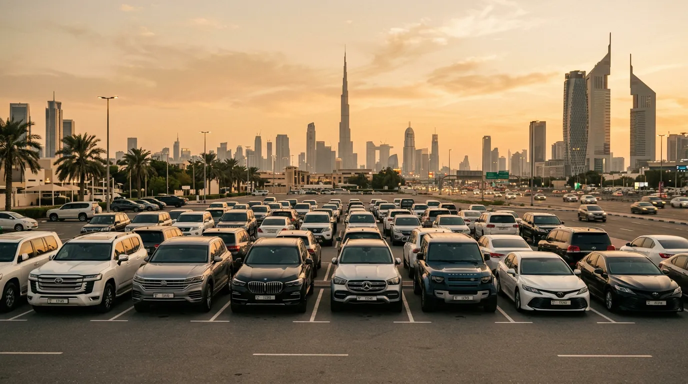 Паркинг с арендованными автомобилями в Дубае, современные внедорожники и седаны
