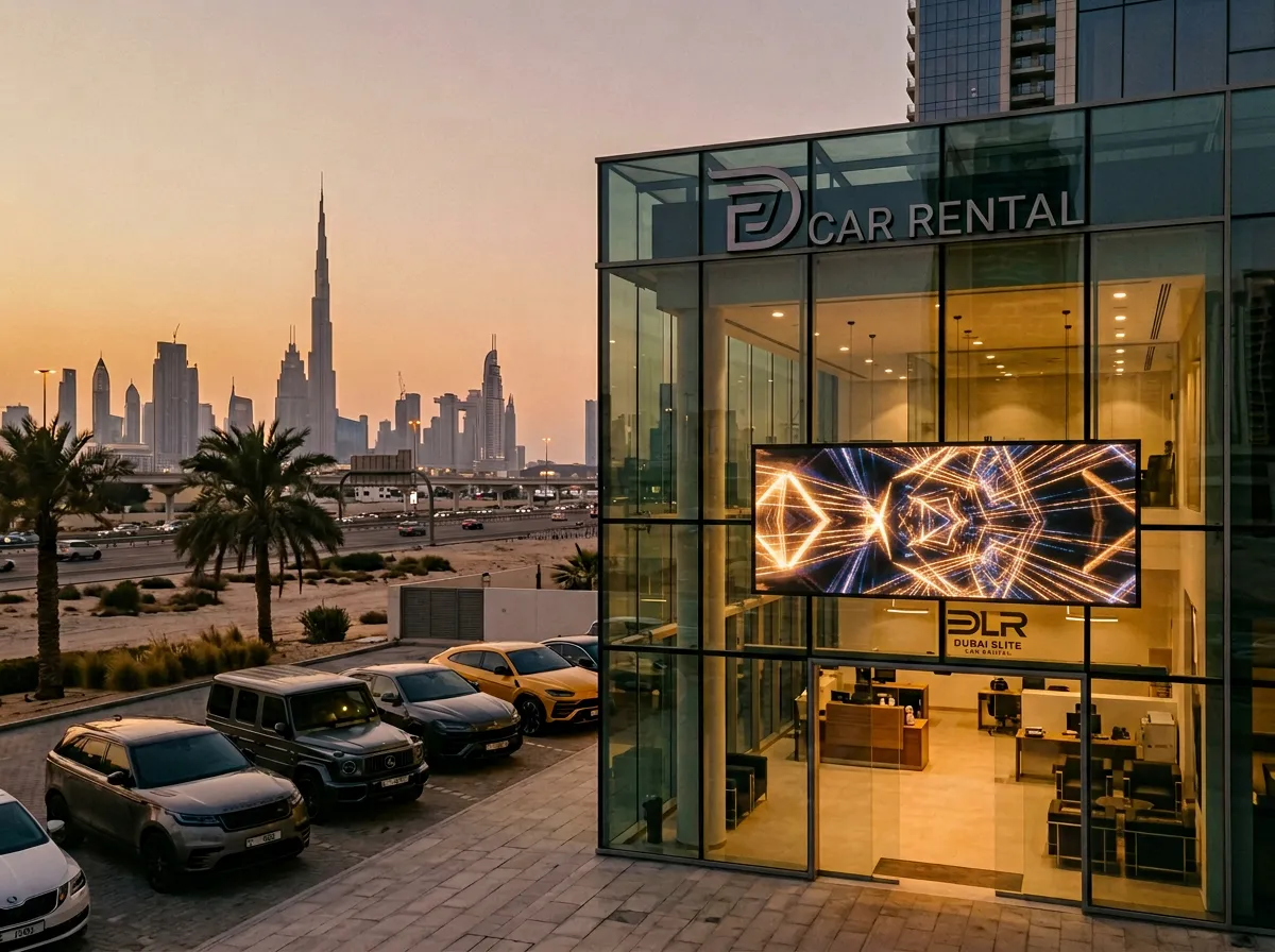 Стеклянный офис прокатной компании в Дубае, электронное табло с ценами
