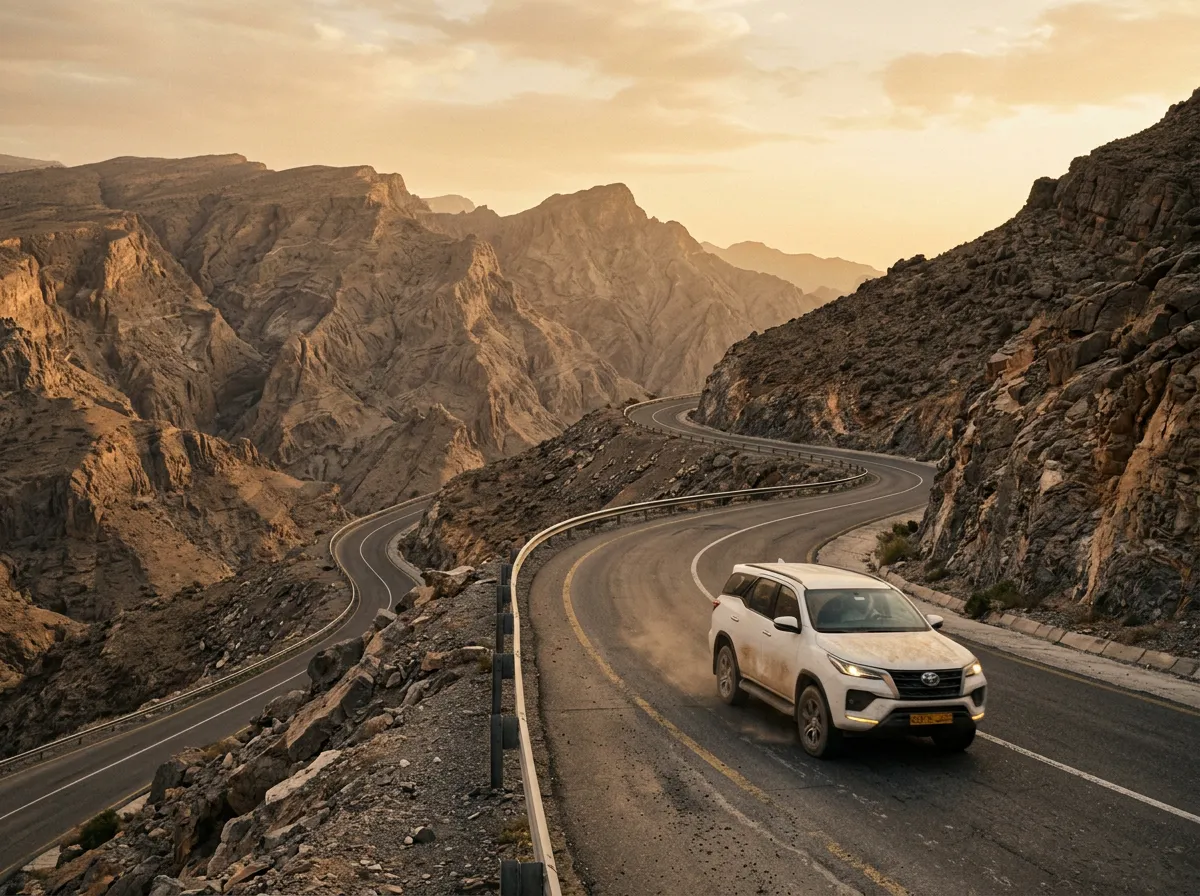 Внедорожник Toyota Fortuner на горной дороге Омана
