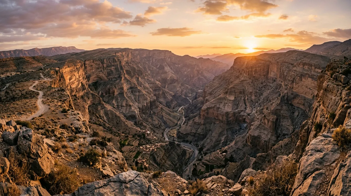 Панорама горного каньона Омана на закате