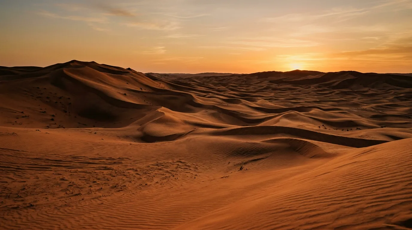 Пустыня Вахиба на закате с оранжевыми дюнами