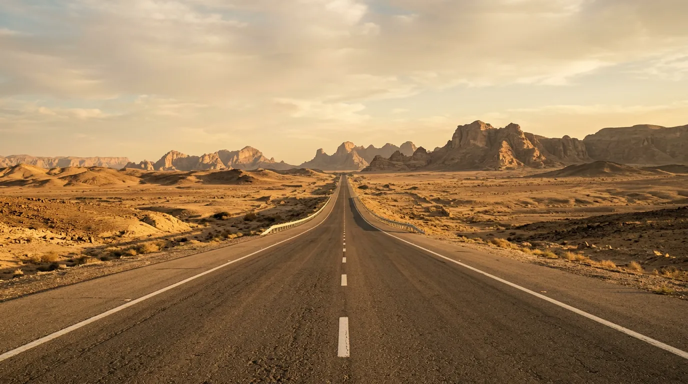 Прямое шоссе через пустыню Саудовской Аравии, скалы на горизонте, бескрайний ландшафт