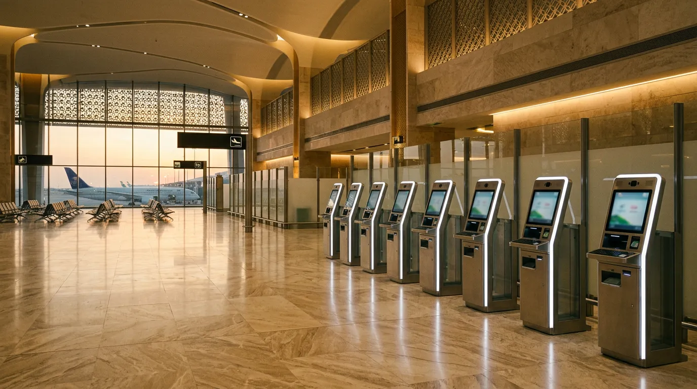 Современный аэропорт в Саудовской Аравии, зона прибытия, электронные терминалы для виз
