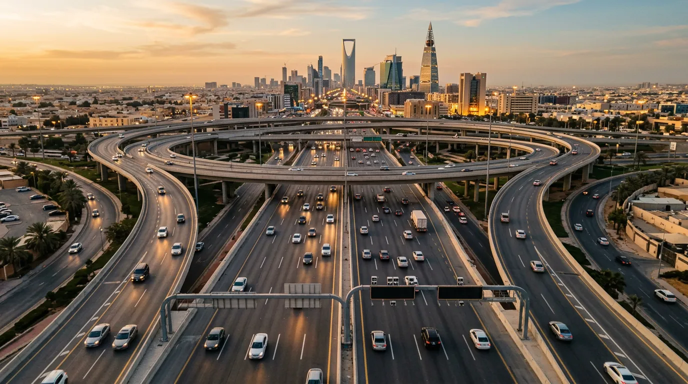 Современная автомобильная развязка в Эр-Рияде, камеры контроля, широкие полосы шоссе