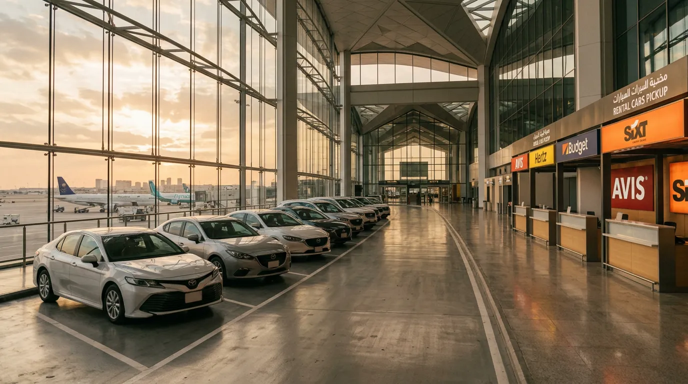 Ряд автомобилей у стойки проката в аэропорту Эр-Рияда, современный терминал