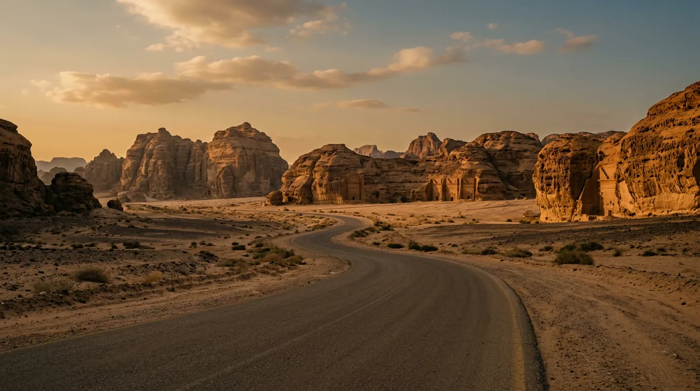 Пустынная дорога к скалам Аль-Улы, древние набатейские гробницы на горизонте