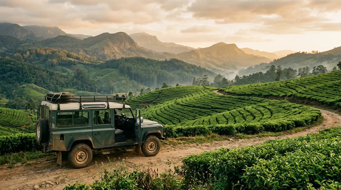 Автомобиль с водителем у чайной плантации на Шри-Ланке, зелёные холмы на фоне