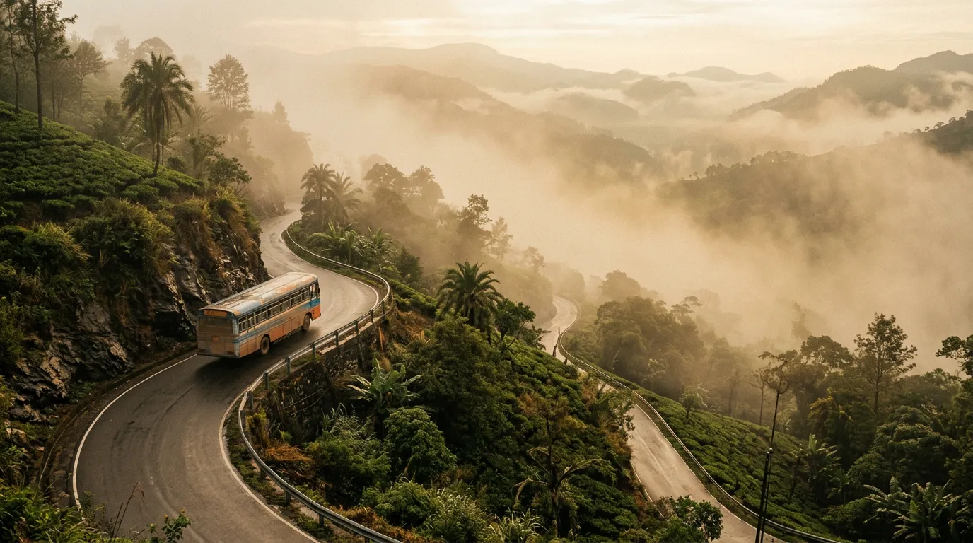 Узкая горная дорога на Шри-Ланке, автобус на серпантине среди тумана