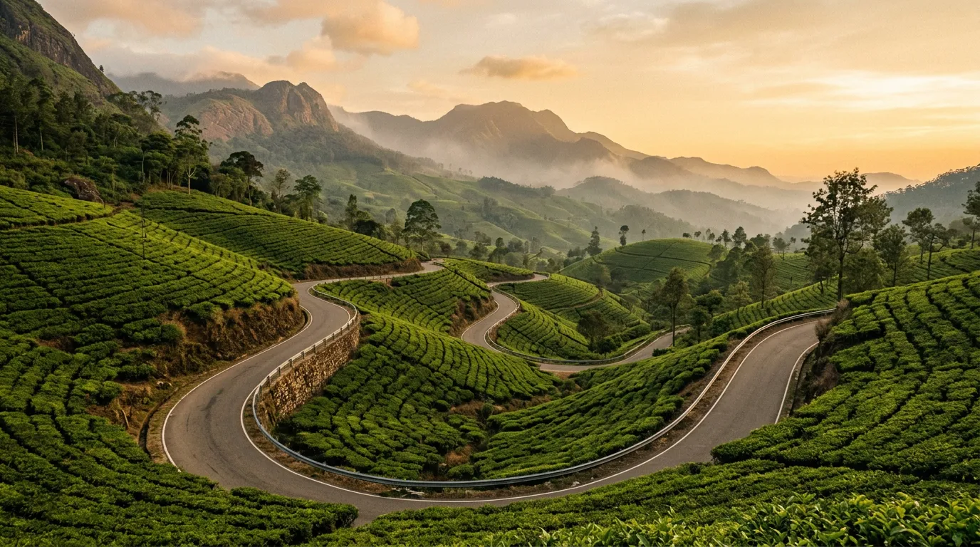 Извилистая дорога через чайные плантации в горной части Шри-Ланки