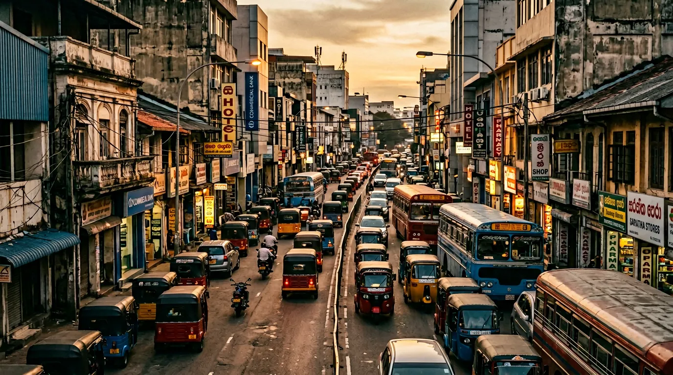 Городская улица в Коломбо, плотный трафик с тук-туками и автобусами, левостороннее движение