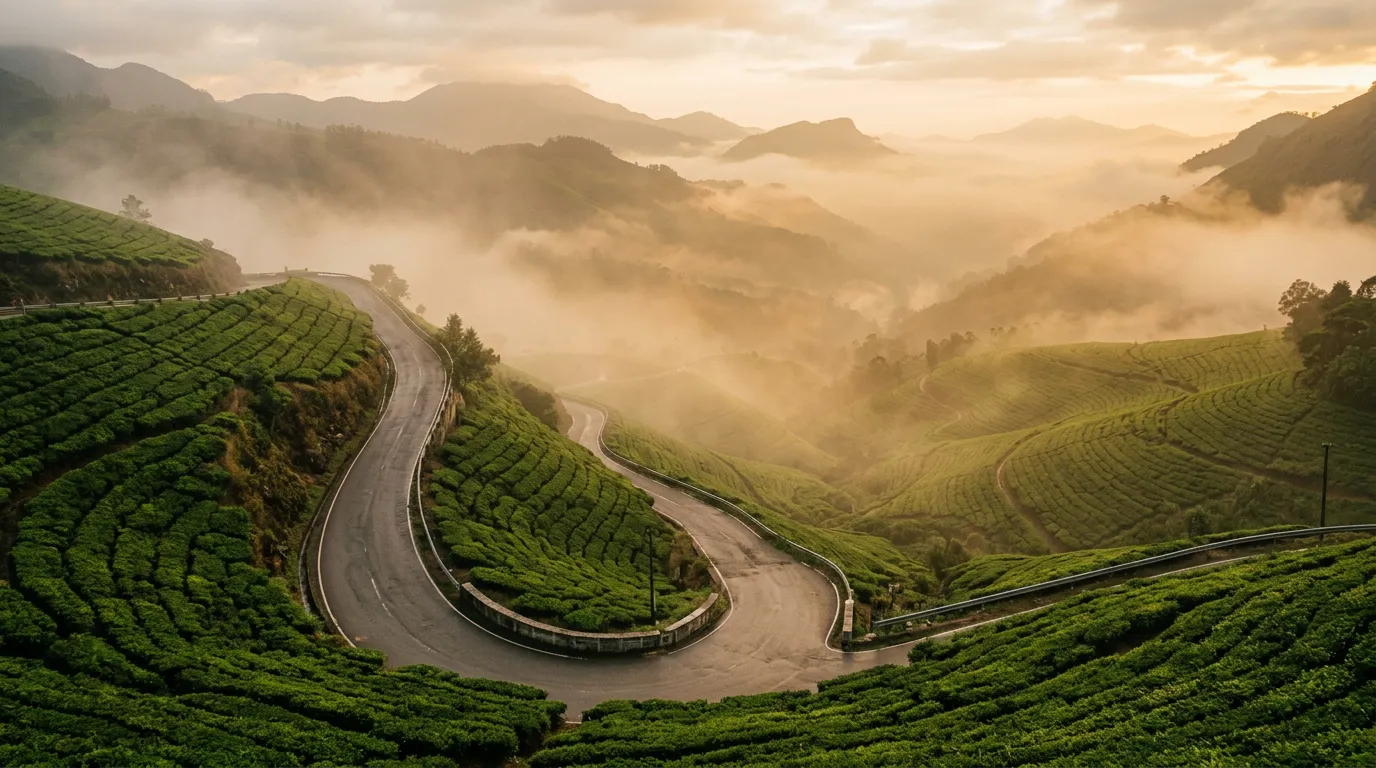Туманная горная дорога через чайные плантации, крутой серпантин с видом на долину