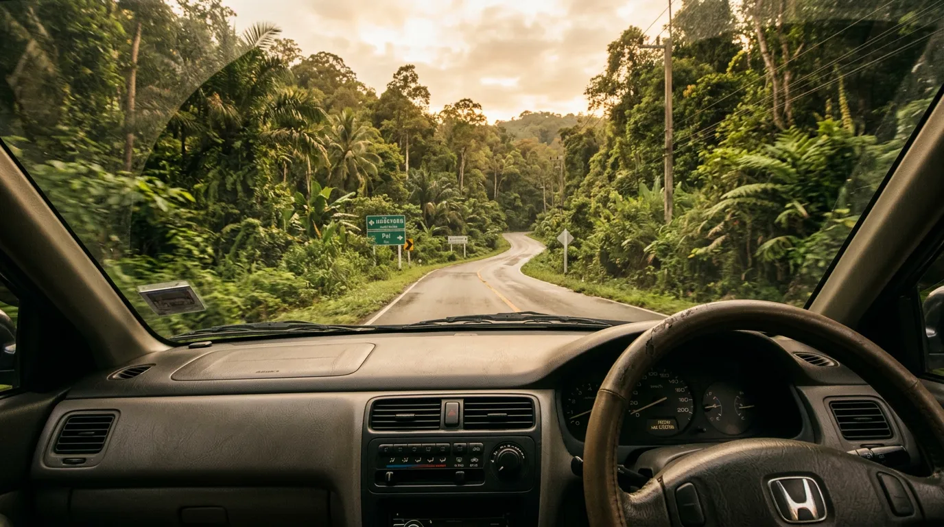 Дорога через тропический лес в Таиланде, правый руль, вид из салона