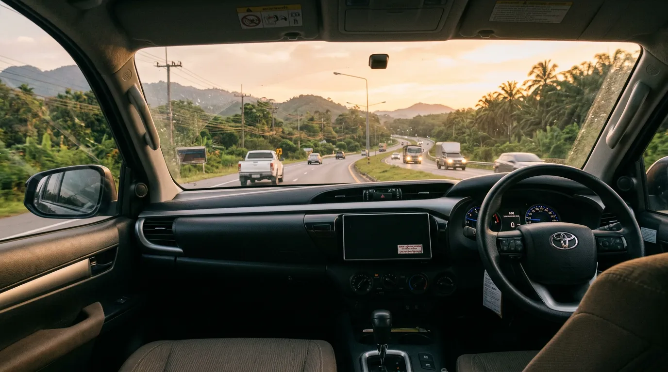 Вид из салона автомобиля с правым рулём, тайская дорога, левостороннее движение