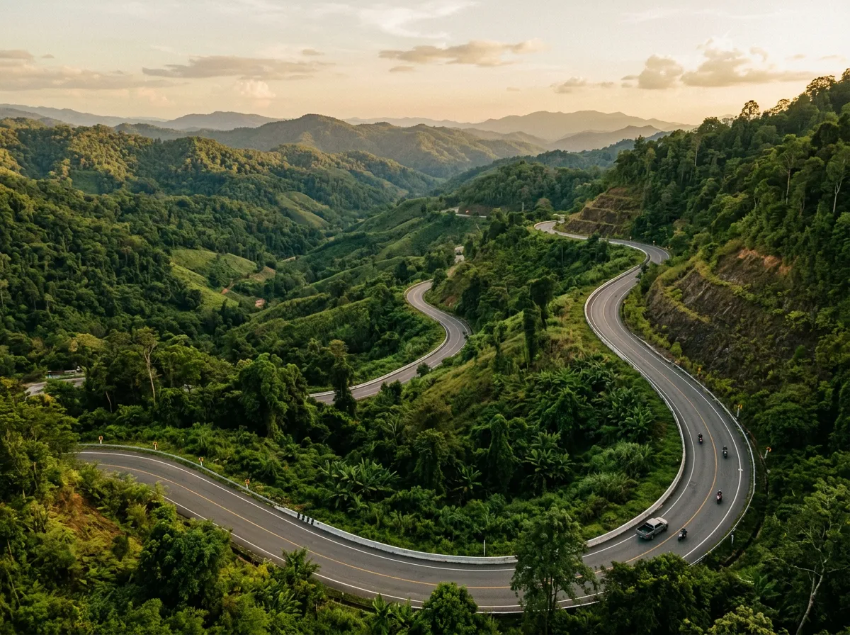 Извилистая горная дорога в северном Таиланде, зелёные холмы, правостороннее движение