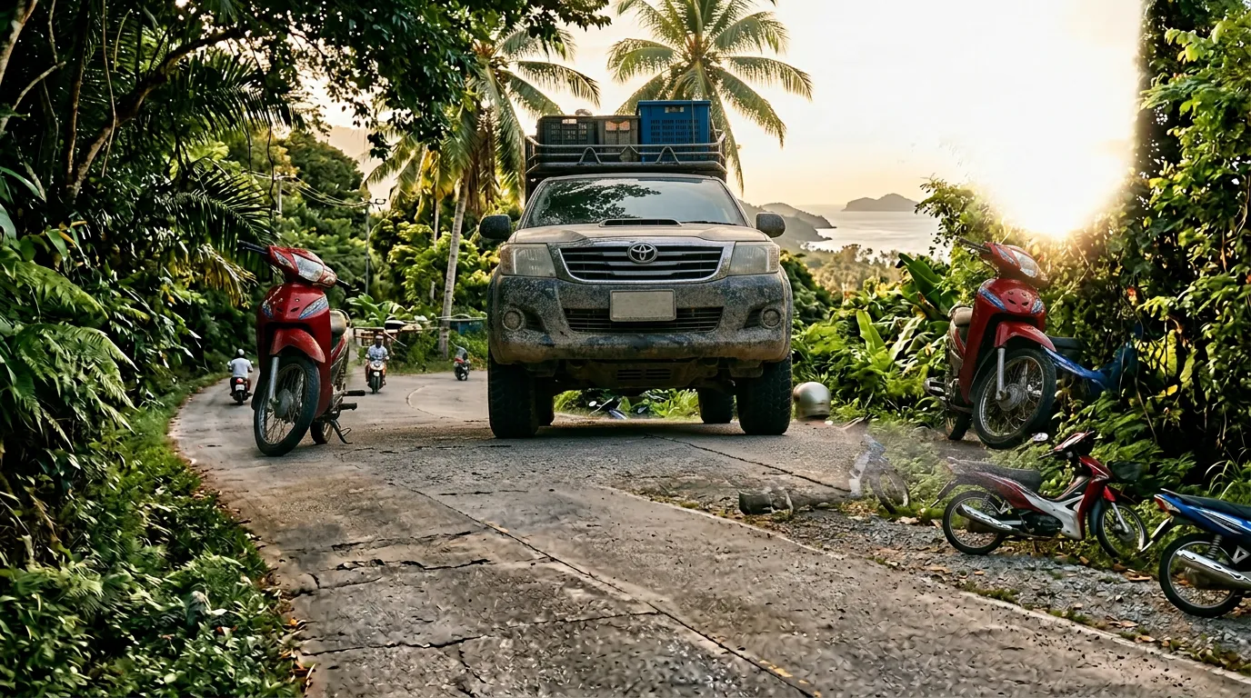 Узкая дорога на тайском острове, скутеры и пикап, тропическая зелень