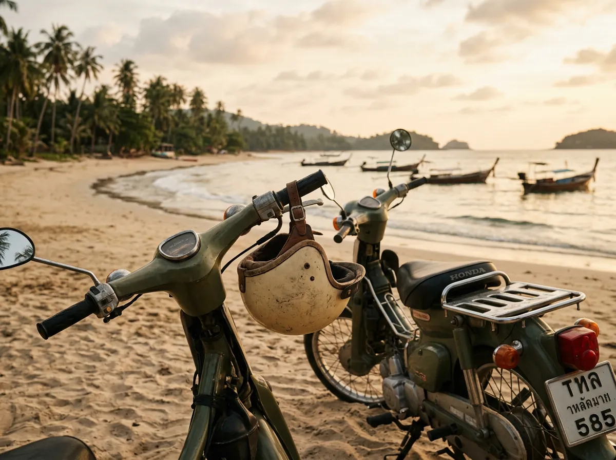 Шлем на руле скутера, тайский пляж на заднем плане