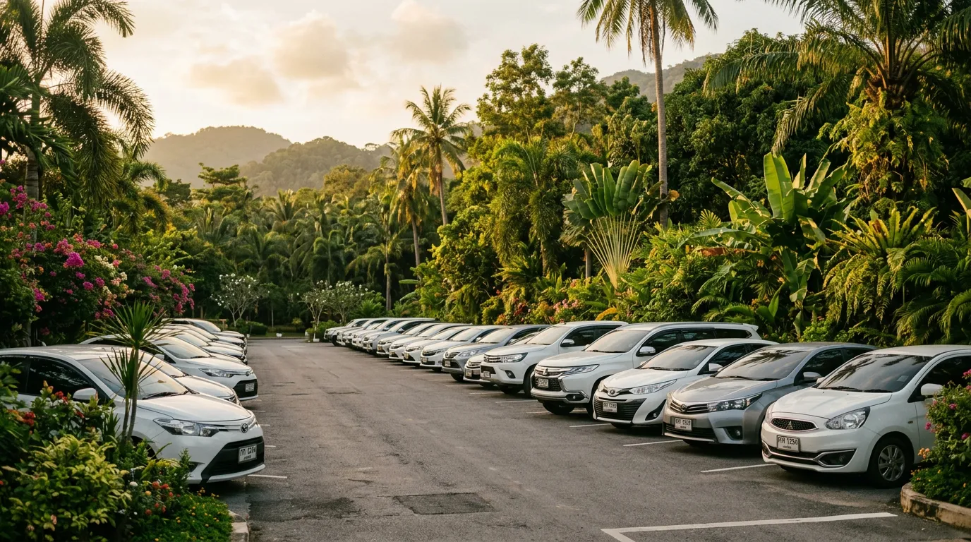 Ряд автомобилей на парковке прокатной компании на Пхукете, тропическая растительность