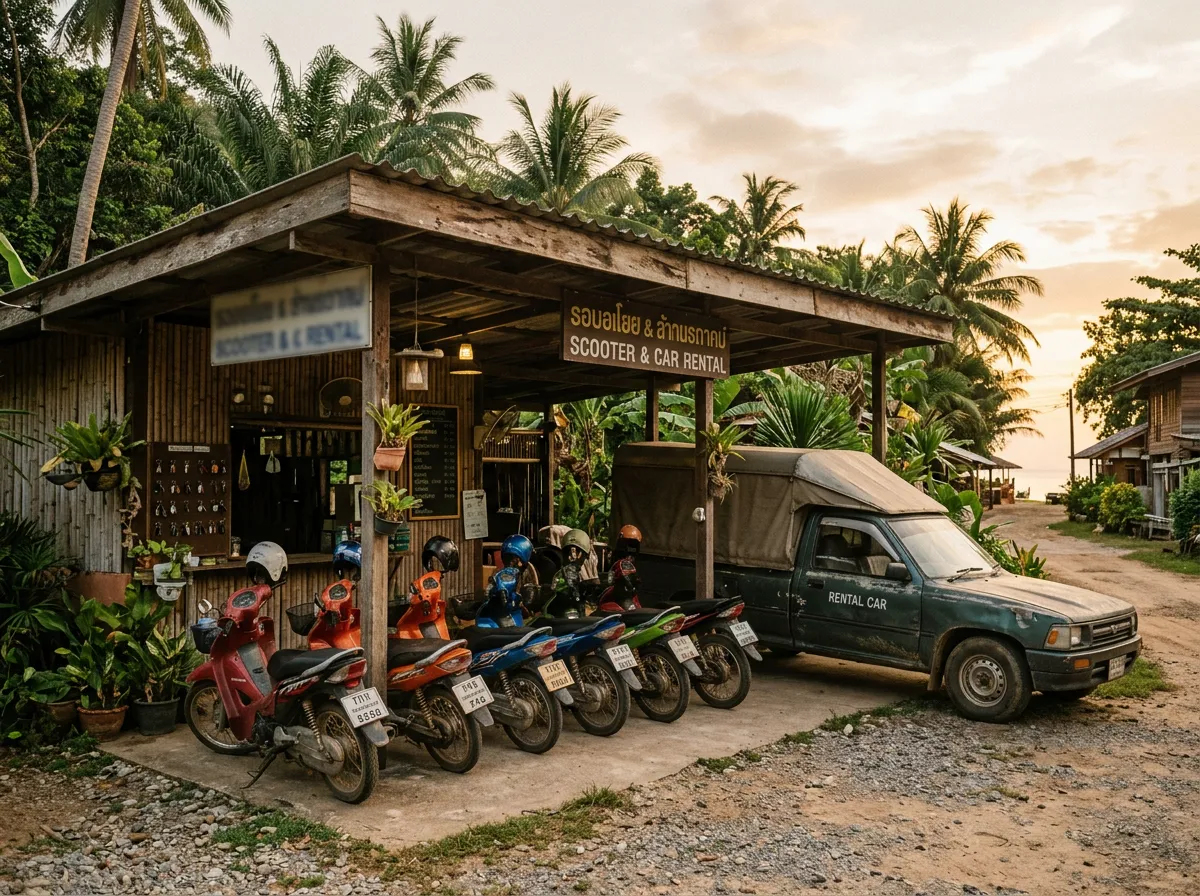 Маленький прокат на тайском острове, скутеры и пикап под навесом
