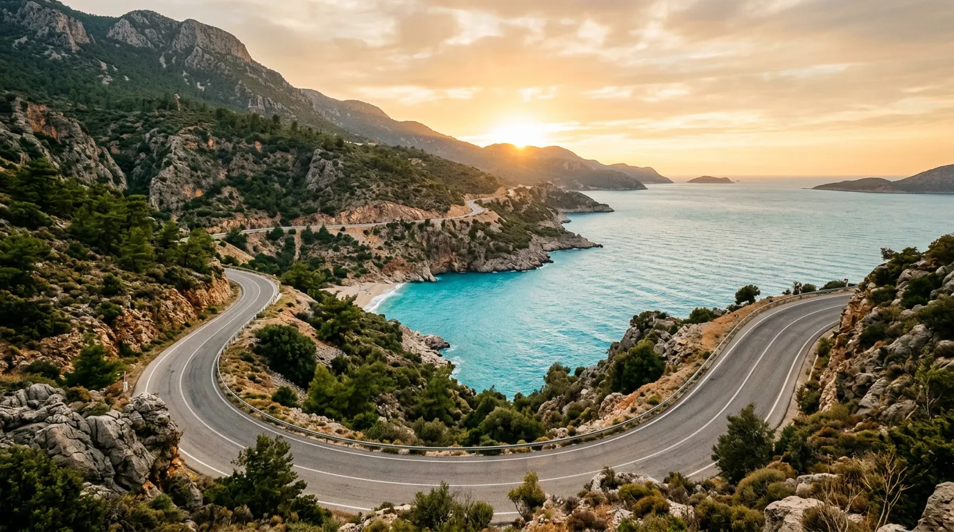 Дорога вдоль средиземноморского побережья Турции, горный серпантин над бирюзовой бухтой