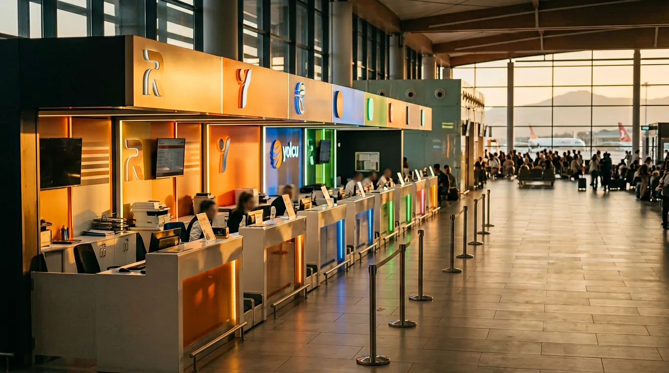 Стойка проката в турецком аэропорту, яркие вывески, очередь туристов